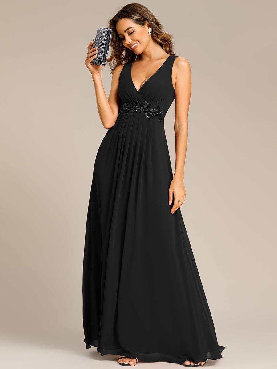 Floral Applique Sleeveless Chiffon Long Formal Evening Dress #color_Black