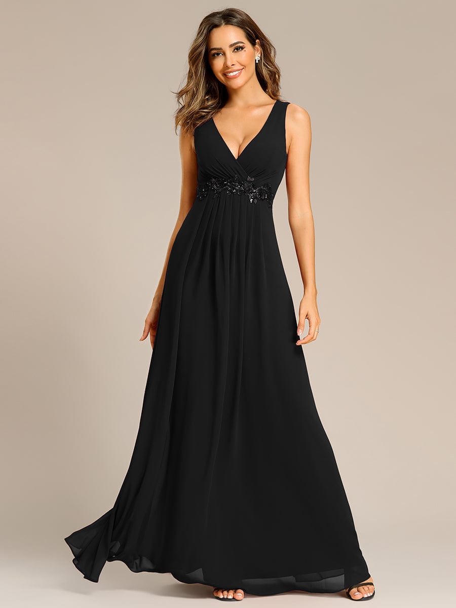 Floral Applique Sleeveless Chiffon Long Formal Evening Dress #color_Black