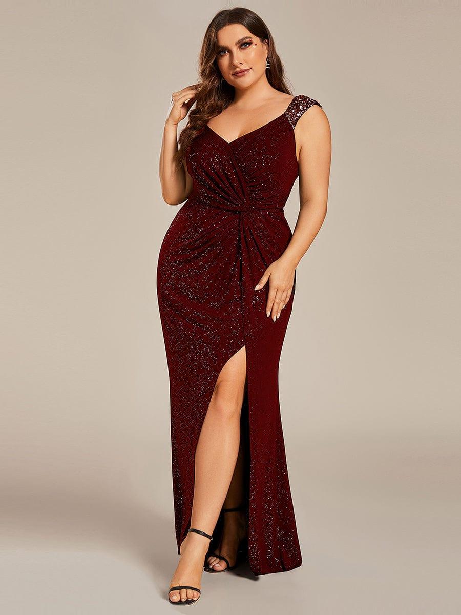 Custom Size Glitter V-Neck High Slit Sequin Shoulder Strap Evening Dress #color_Burgundy