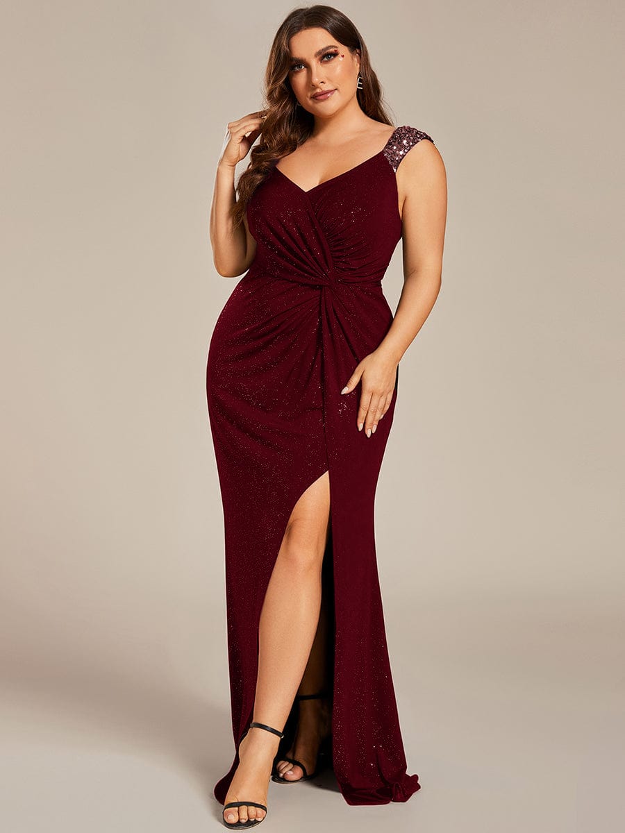 Plus Size Glitter V-Neck High Slit Sequin Shoulder Strap Evening Dress #color_Burgundy