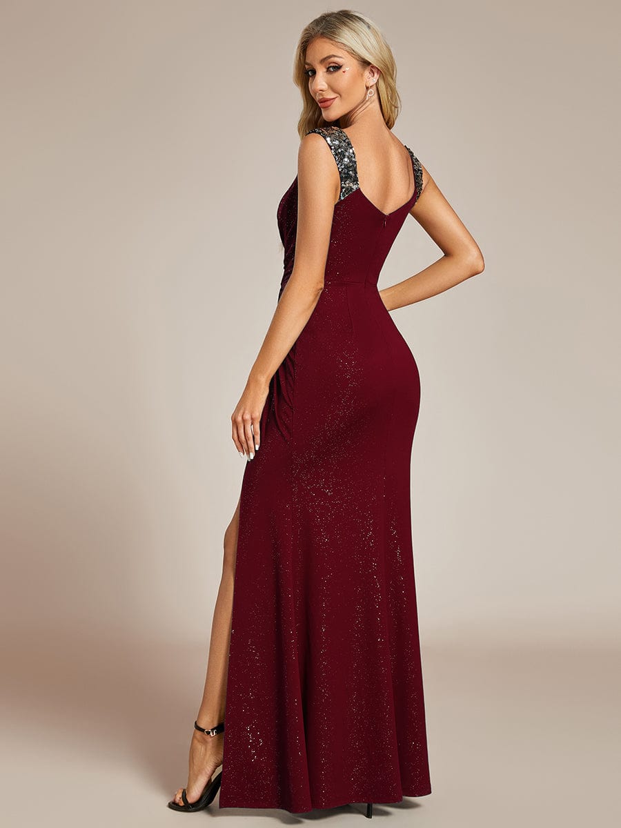 Glitter V-Neck High Slit Sequin Shoulder Strap Evening Dress #color_Burgundy