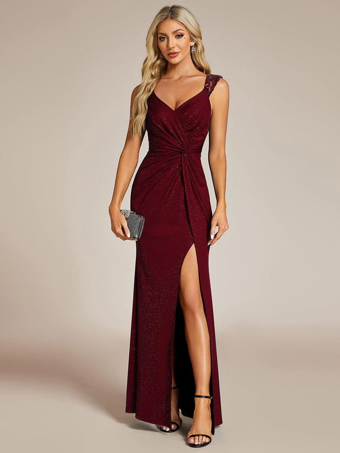 V-Neck Blue Spaghetti Straps Glitter Wedding Guest Dress with Split main image 1
