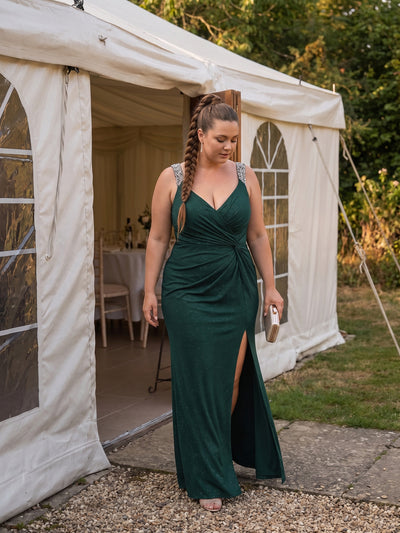 ever NOIRE|Glitter V-Neck High Slit Sequin Shoulder Strap Wedding Guest Dress