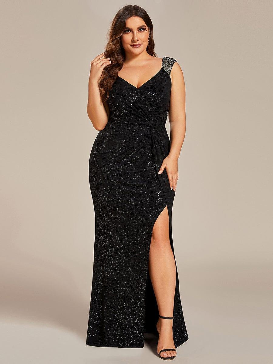 Plus Size Glitter V-Neck High Slit Sequin Shoulder Strap Evening Dress #color_Black