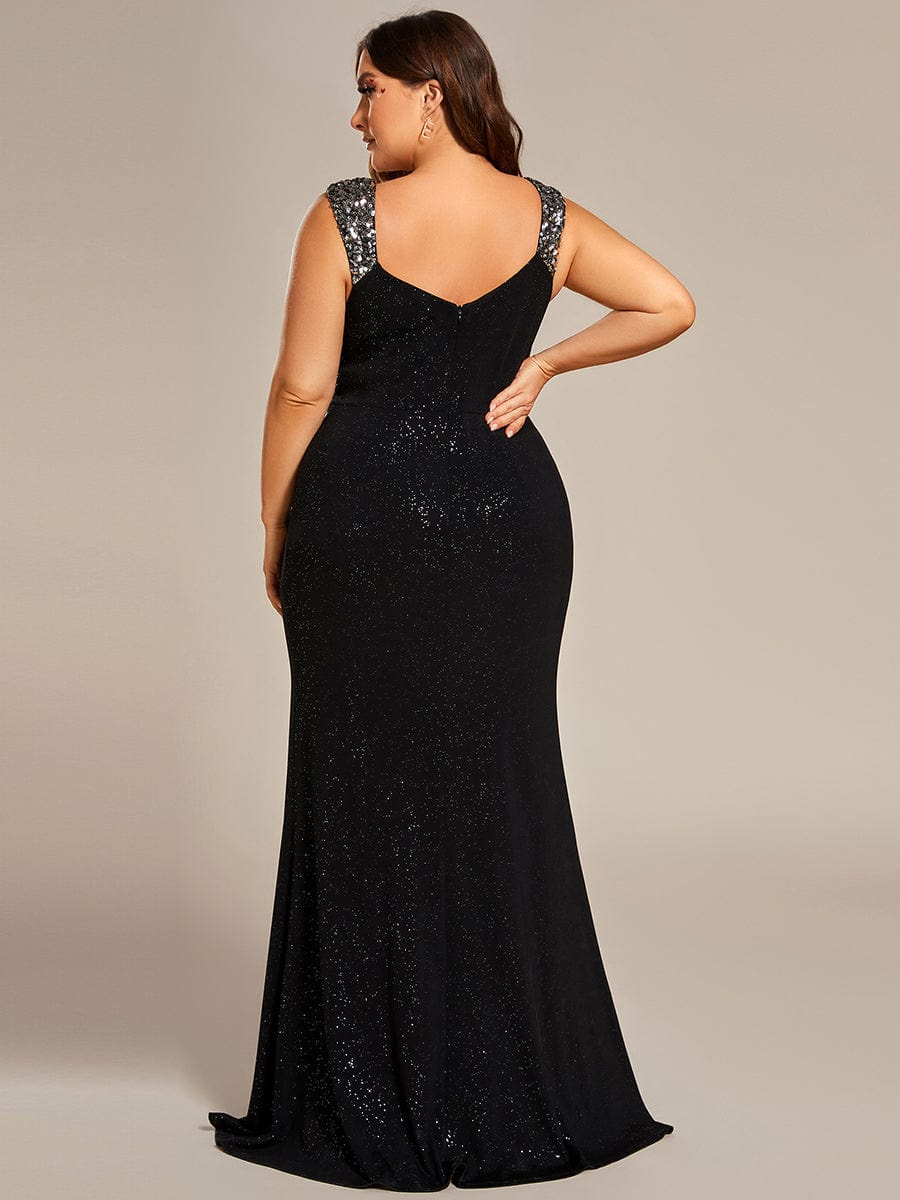 Plus Size Glitter V-Neck High Slit Sequin Shoulder Strap Evening Dress #color_Black