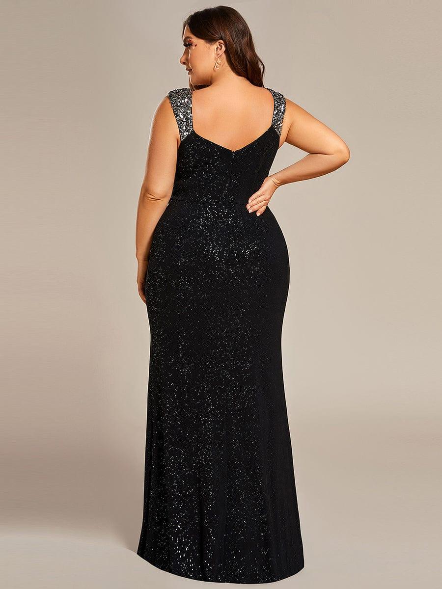 Plus Size Glitter V-Neck High Slit Sequin Shoulder Strap Evening Dress #color_Black