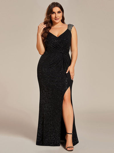 ever NOIRE|Custom Size Glitter V-Neck High Slit Sequin Shoulder Strap Evening Dress