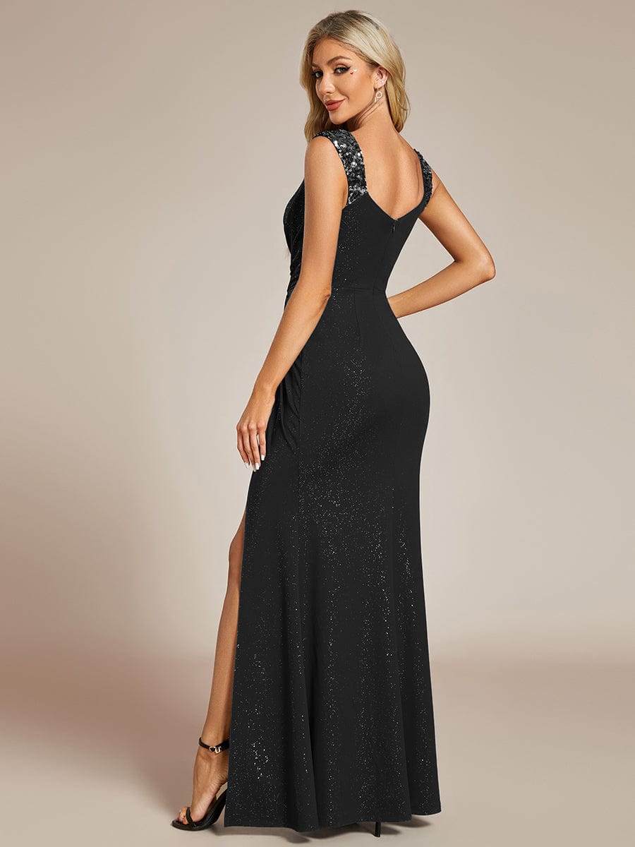 Glitter V-Neck High Slit Sequin Shoulder Strap Evening Dress #color_Black