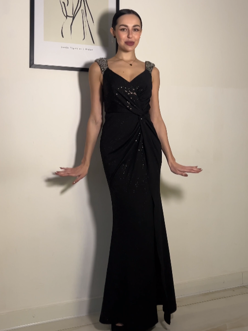 ever NOIRE|Glitter V-Neck High Slit Sequin Shoulder Strap Evening Dress Fan Photos 24
