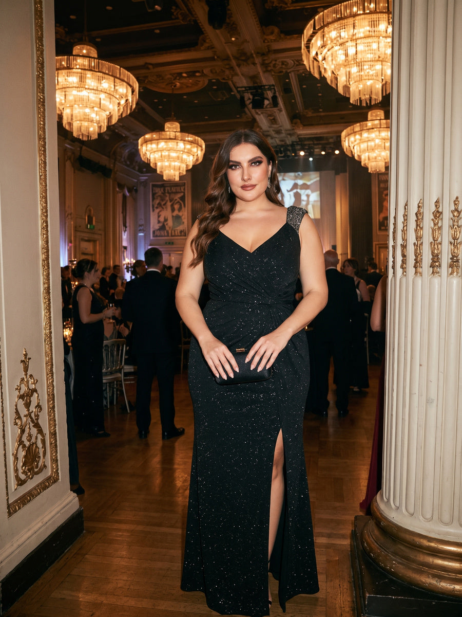 Plus Size Glitter V-Neck High Slit Sequin Shoulder Strap Evening Dress #color_Black