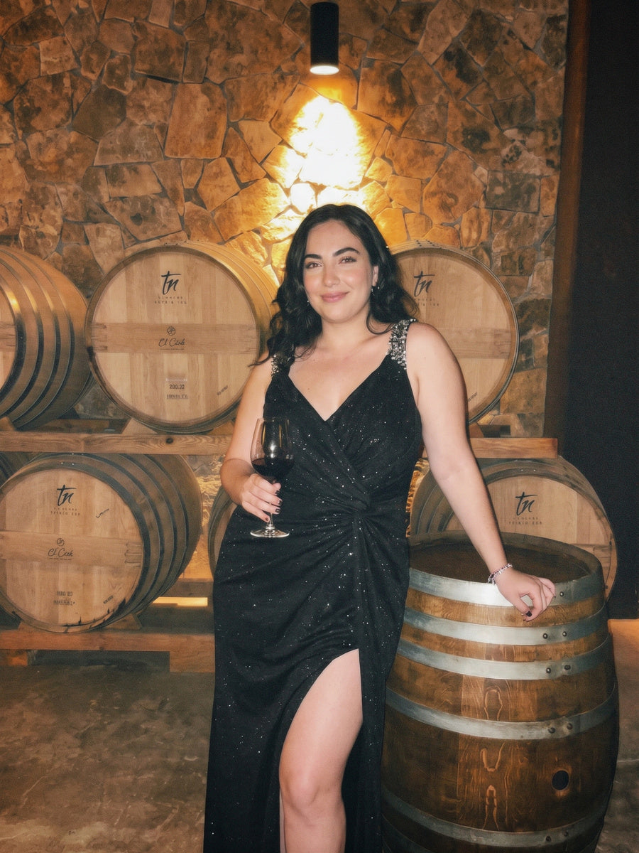 Glitter V-Neck High Slit Sequin Shoulder Strap Wedding Guest Dress #color_Black