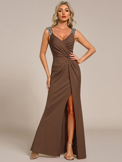 ever NOIRE|Glitter V-Neck High Slit Sequin Shoulder Strap Wedding Guest Dress