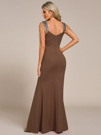 Glitter V-Neck High Slit Sequin Shoulder Strap Wedding Guest Dress #color_Coffee