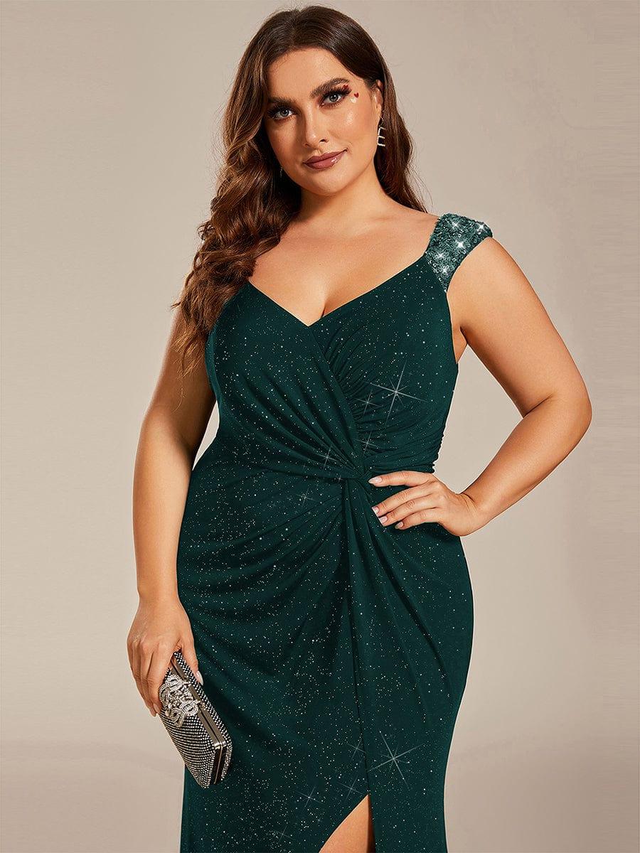Plus Size Sequin Shoulder Strap Wedding Guest Dress with Side Slit #color_Dark Green