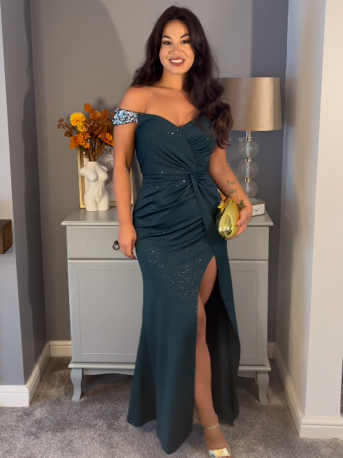 ever NOIRE|Glitter V-Neck High Slit Sequin Shoulder Strap Evening Dress Fan Photos 23

