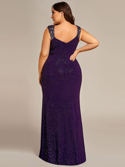 Plus Size Sequin Shoulder Strap Wedding Guest Dress with Side Slit #color_Dark Purple