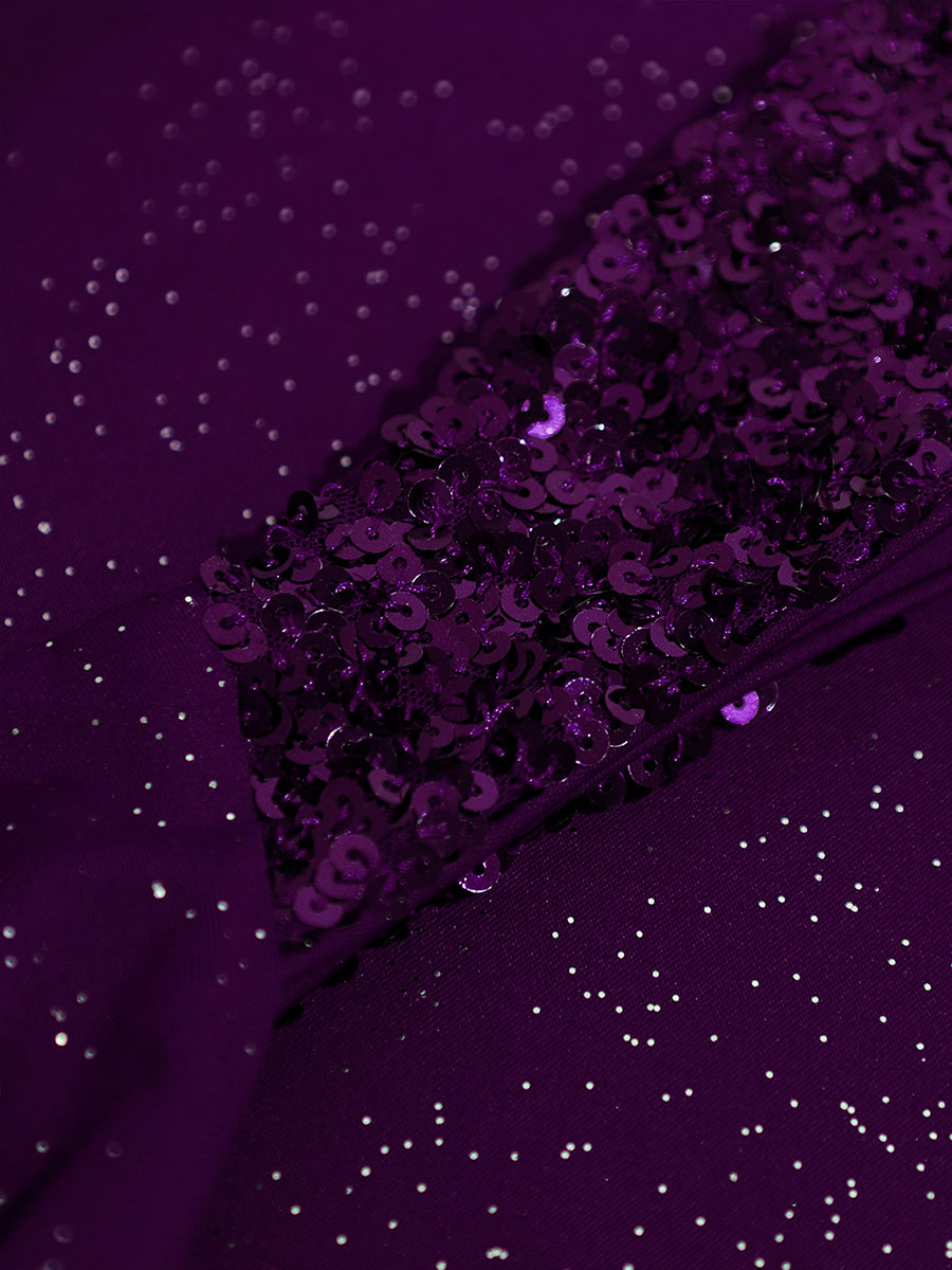 Glitter V-Neck High Slit Sequin Shoulder Strap Evening Dress #color_Dark purple