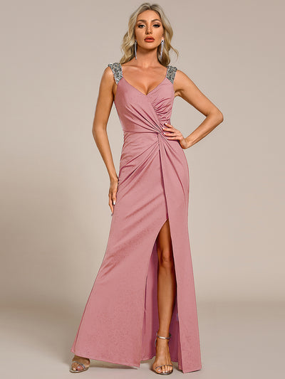 Glitter V-Neck Cruise Journey Evening Dress #color_Dusty Rose