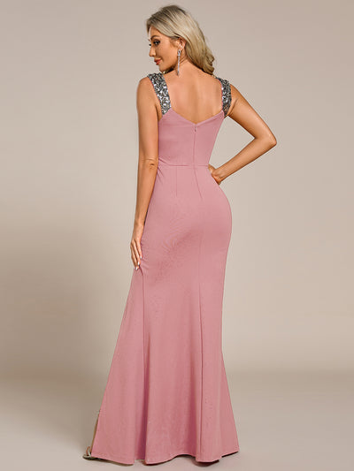 Glitter V-Neck High Slit Sequin Shoulder Strap Wedding Guest Dress #color_Dusty Rose