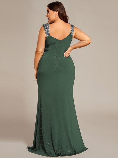 Plus Size Glitter V-Neck High Slit Sequin Shoulder Strap Evening Dress #color_Eucalyptus