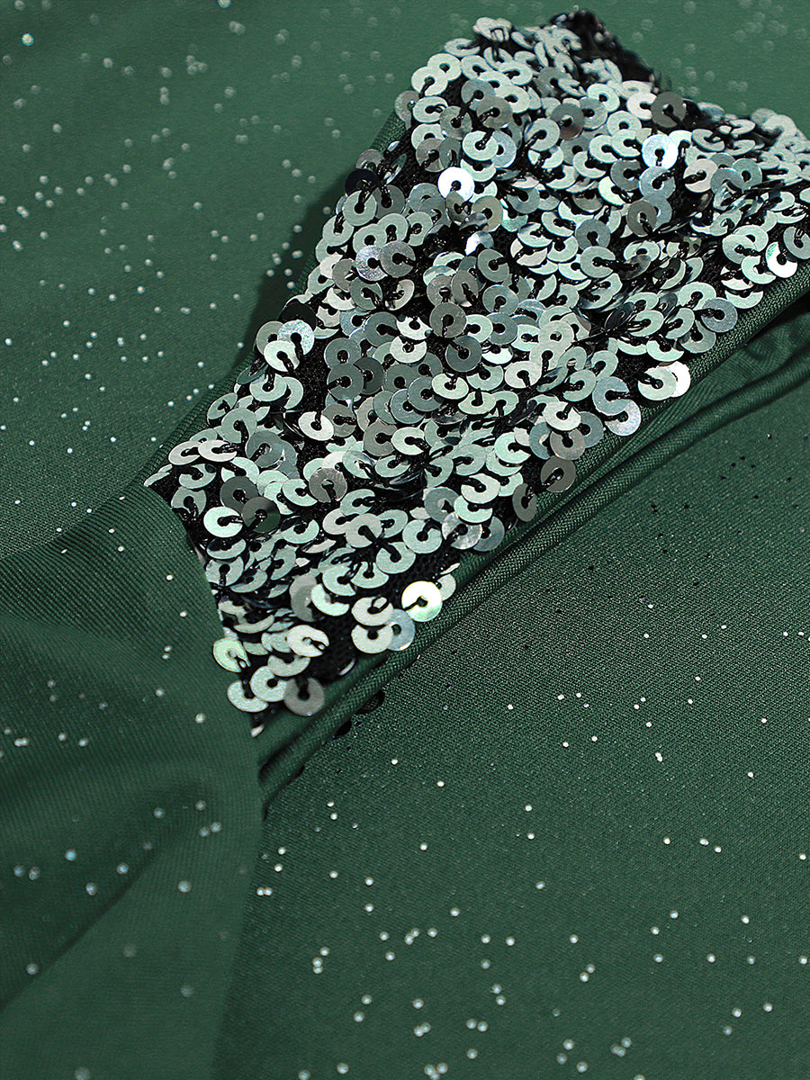 Glitter V-Neck High Slit Sequin Shoulder Strap Evening Dress #color_Eucalyptus