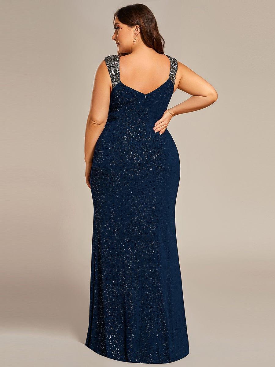 Plus Size Sequin Shoulder Strap Wedding Guest Dress with Side Slit #color_Navy Blue