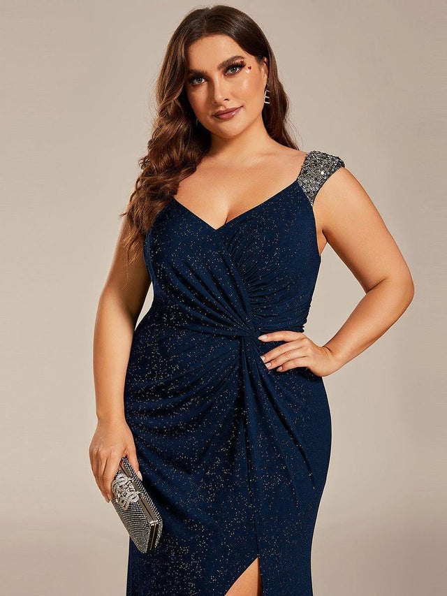 Plus Size Mermaid V-Neck High Slit Sequin Strap Pleated Evening Dress