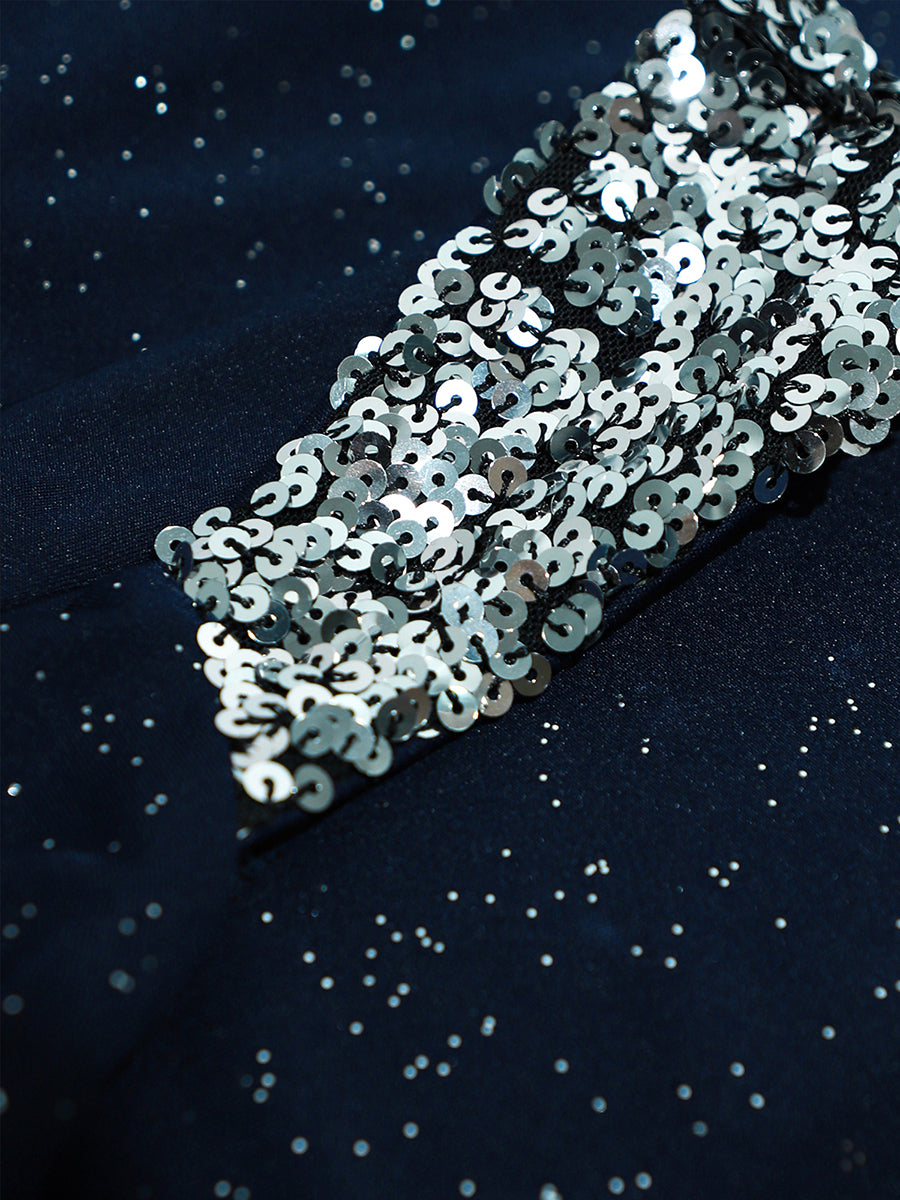 Glitter V-Neck High Slit Sequin Shoulder Strap Evening Dress #color_Navy Blue