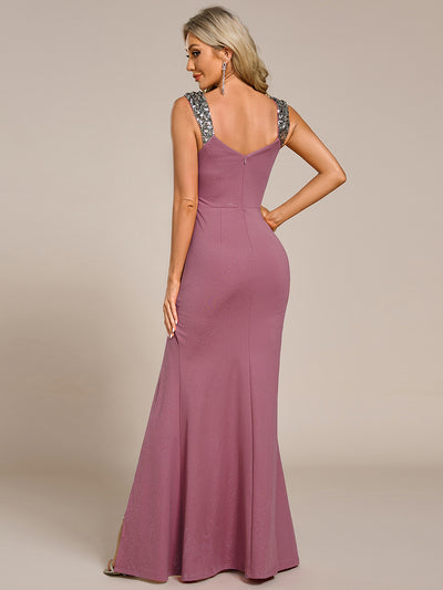Glitter V-Neck High Slit Sequin Shoulder Strap Evening Dress #color_Purple Orchid