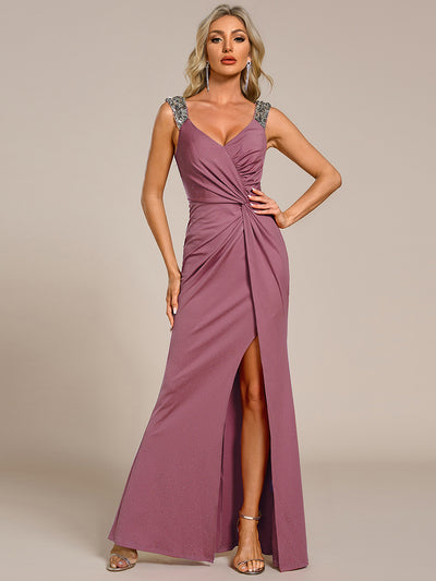 ever NOIRE|Glitter V-Neck High Slit Sequin Shoulder Strap Evening Dress