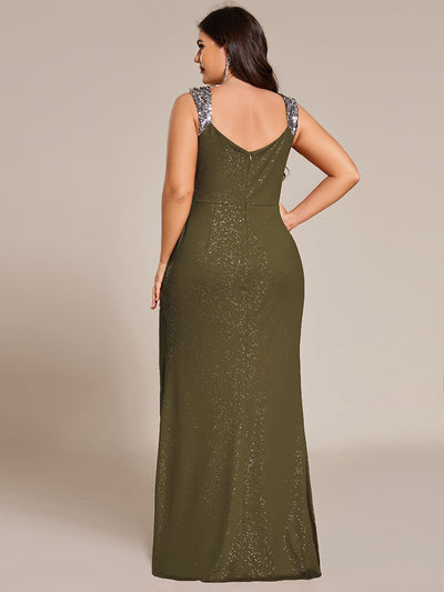 Plus Size Sequin Shoulder Strap Wedding Guest Dress with Side Slit #color_Olive Green