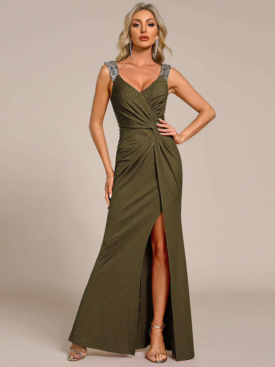 Glitter V-Neck Cruise Journey Evening Dress #color_Olive Green