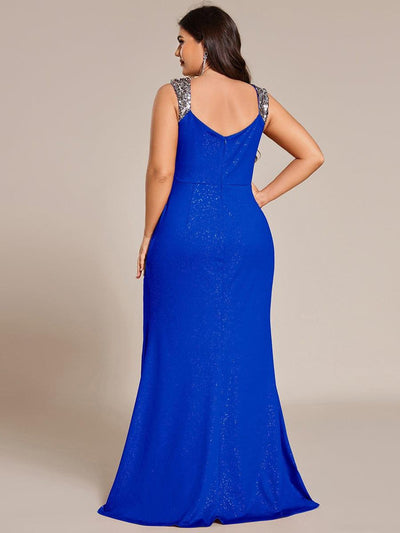 Plus Size Sequin Shoulder Strap Wedding Guest Dress with Side Slit #color_Sapphire Blue