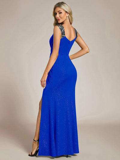 Glitter V-Neck High Slit Sequin Shoulder Strap Wedding Guest Dress #color_Sapphire Blue