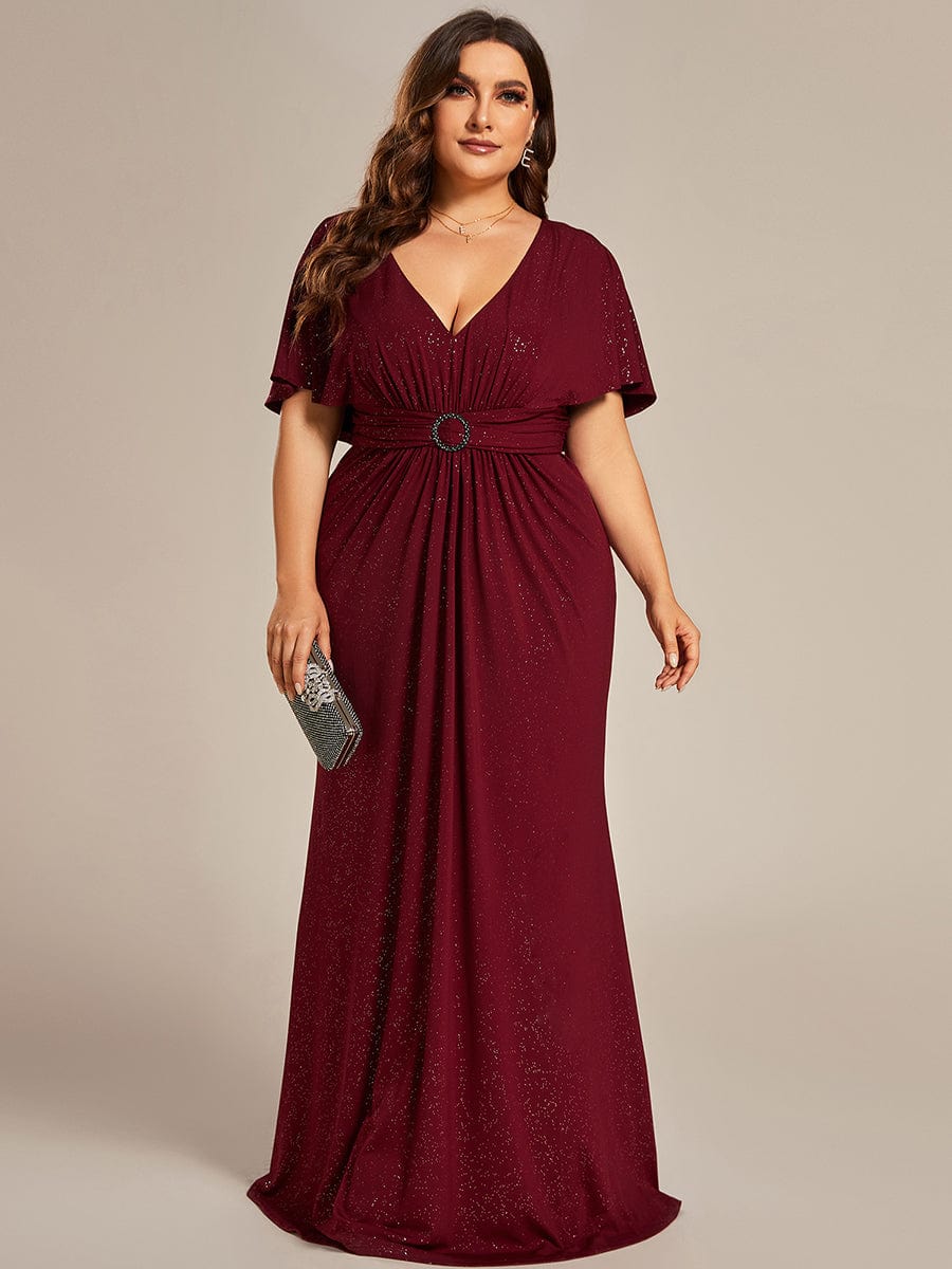 Custom Size Glitter Bat-Wing Sleeve Waist-Cinching Mermaid Formal Evening Dress #color_Burgundy