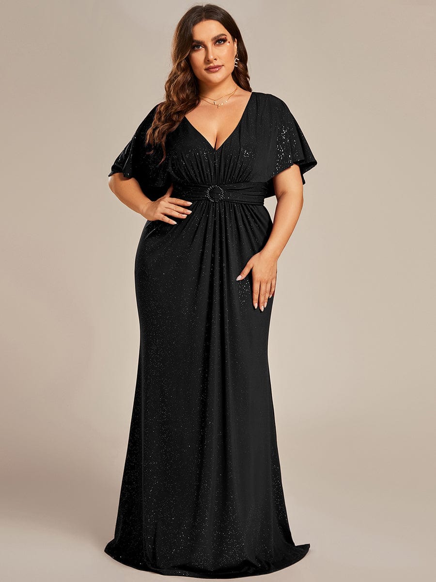 Custom Size Glitter Bat-Wing Sleeve Waist-Cinching Mermaid Formal Evening Dress #color_Black