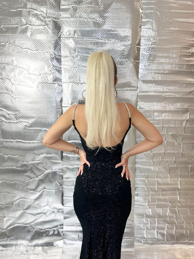 Glitter Spaghetti Strap U-Veck Open Back Bodycon Stretchy Evening Dress Fan Photos 3
