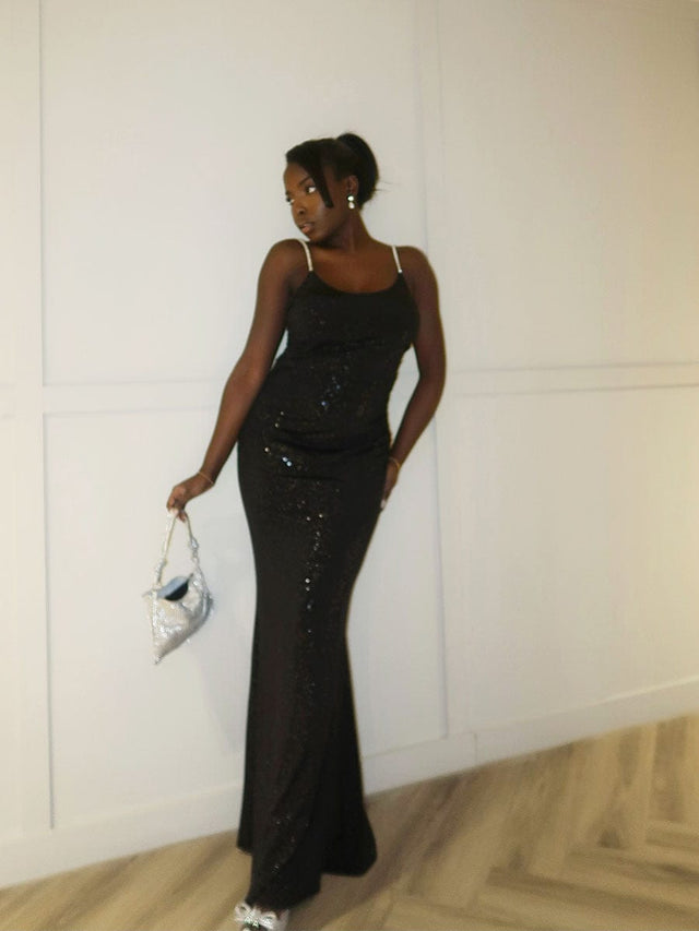 Glitter Spaghetti Strap U-Veck Open Back Bodycon Stretchy Evening Dress Fan Photos 2
