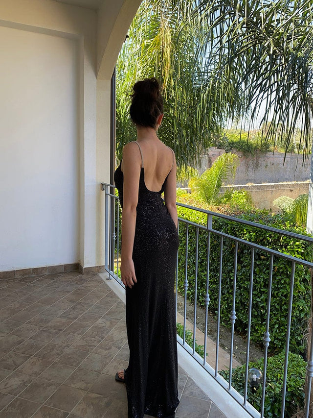 Glitter Spaghetti Strap U-Veck Open Back Bodycon Stretchy Evening Dress Fan Photos 7
