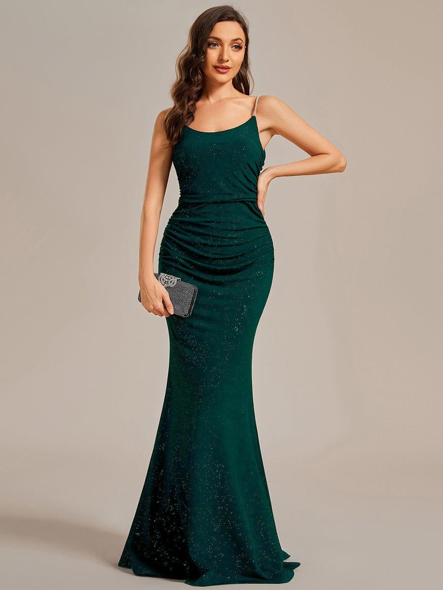 Glitter Spaghetti Strap U-Veck Open Back Bodycon Stretchy Evening Dress #color_Dark Green