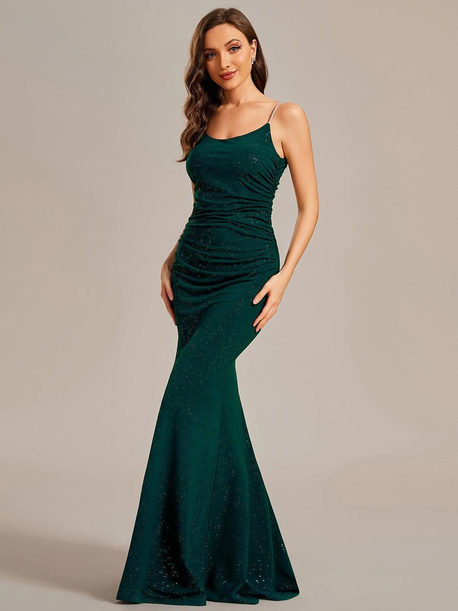 Glitter Spaghetti Strap U-Veck Open Back Bodycon Stretchy Evening Dress #color_Dark Green