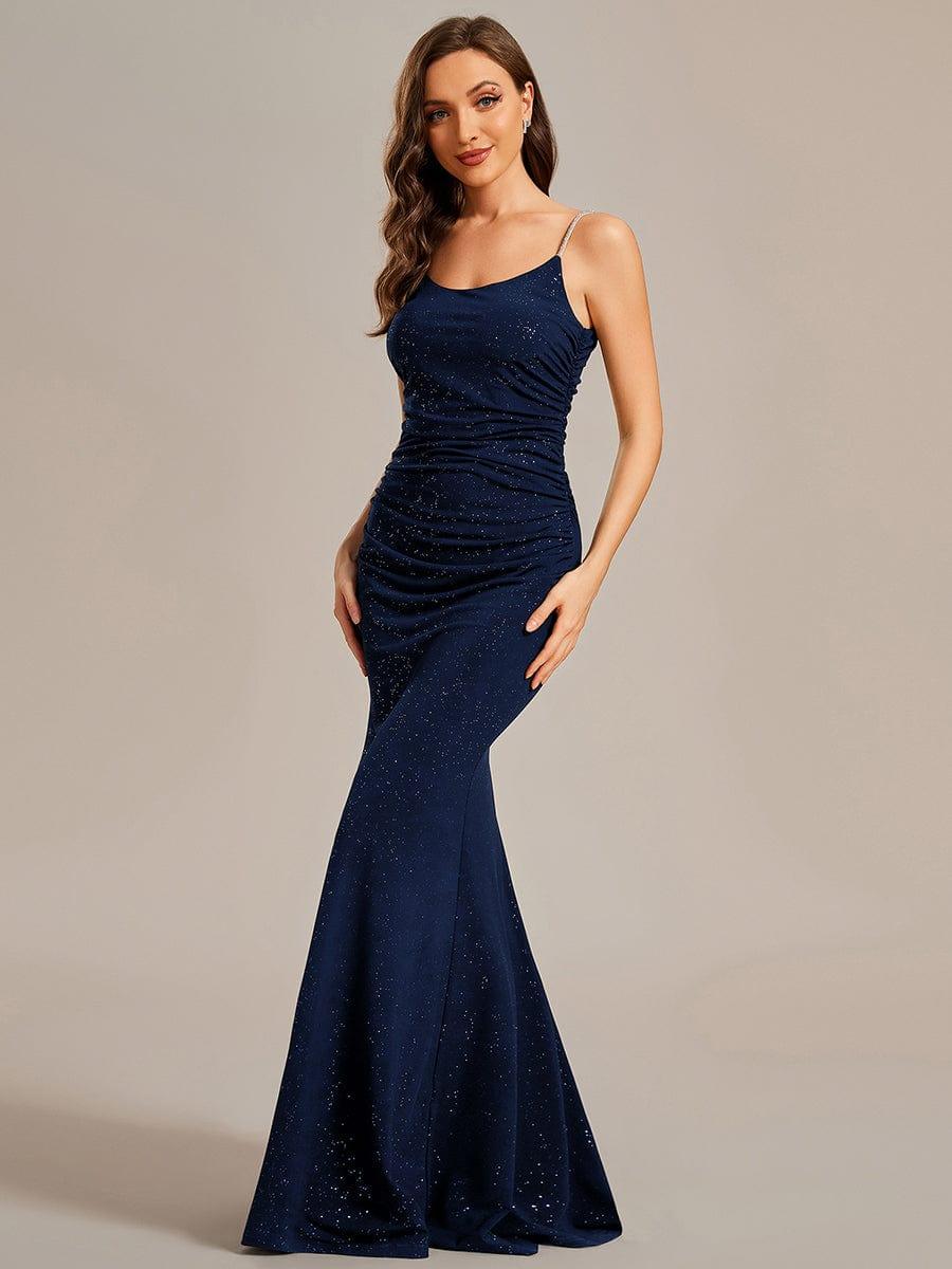 Glitter Spaghetti Strap U-Veck Open Back Bodycon Stretchy Evening Dress #color_Navy Blue