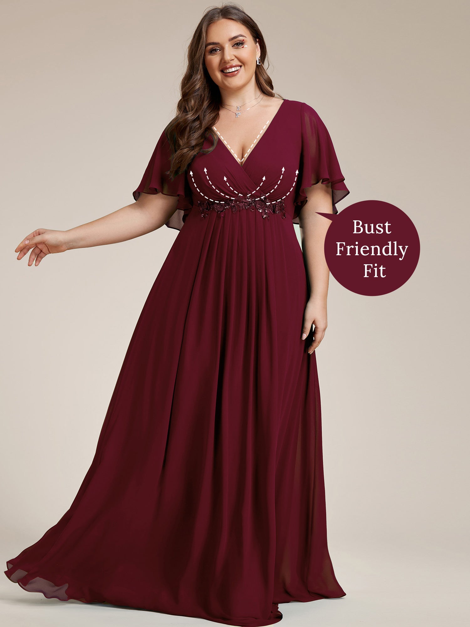 Plus Size Floral Applique Short Sleeve A-Line Chiffon Evening Dress #color_Burgundy