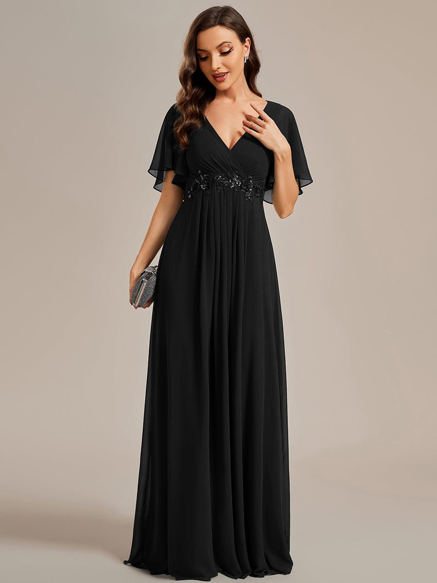 Custom Size Ruffles Sleeve A-Line Chiffon Waist Applique Maxi Evening Dress #color_Black