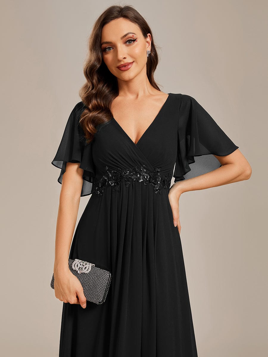 Custom Size Ruffles Sleeve A-Line Chiffon Waist Applique Maxi Evening Dress #color_Black