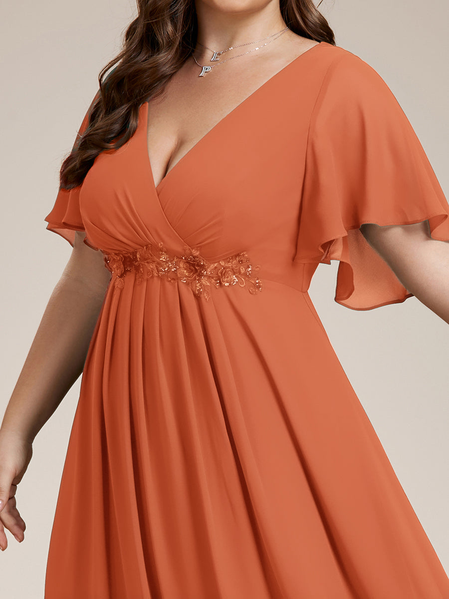 Ruffles Sleeve A-Line Chiffon Waist Applique Maxi Mother of the Bride Dress #color_Brandied Melon
