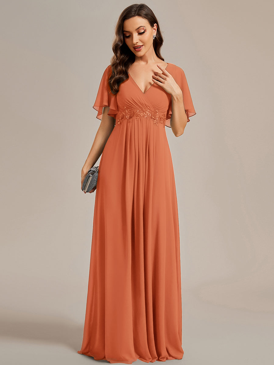 Ruffles Sleeve A-Line Chiffon Waist Applique Maxi Mother of the Bride Dress #color_Brandied Melon