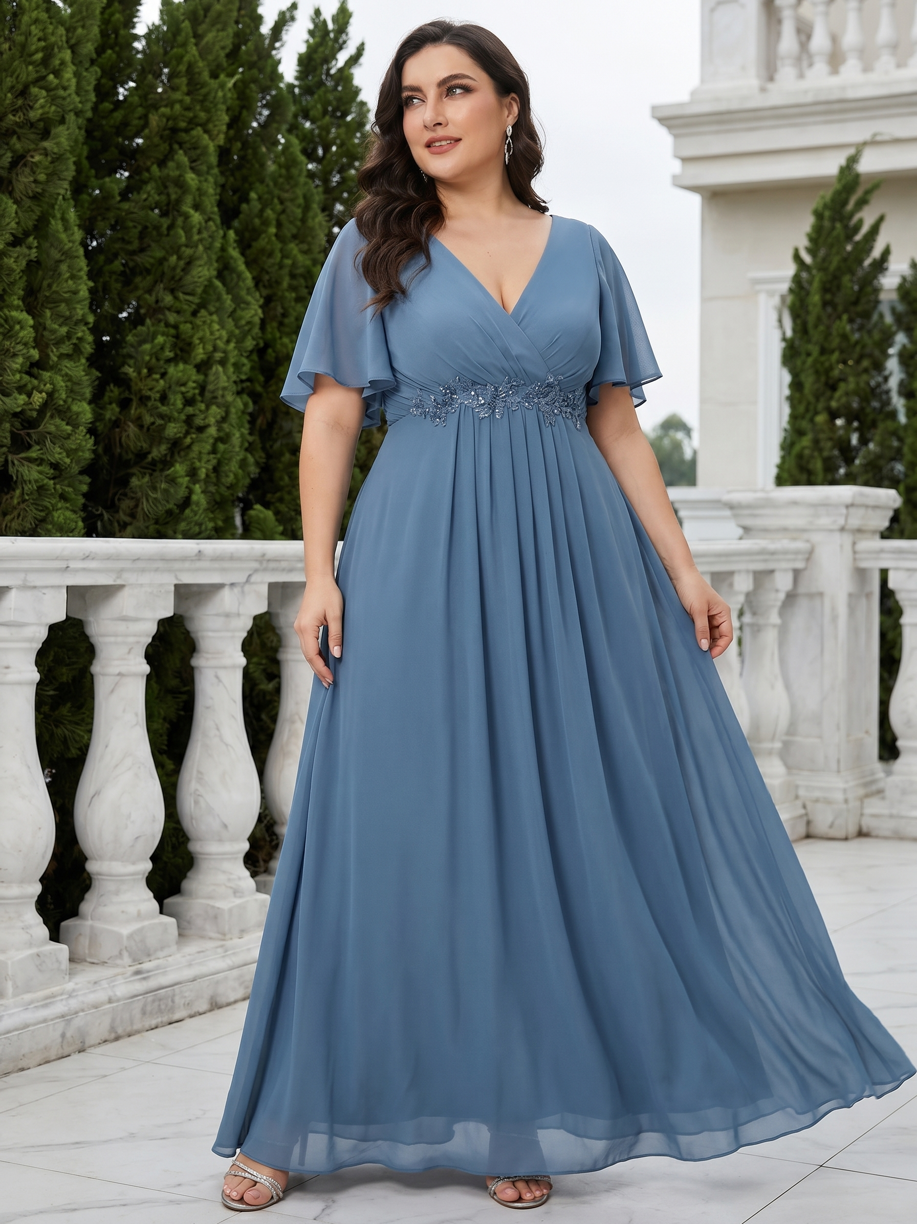 Plus Size Floral Applique Short Sleeve A-Line Chiffon Evening Dress #color_Dusty Blue