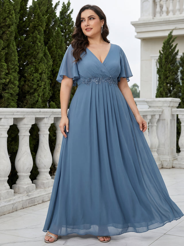 pretty IVYROSE|Plus Size Floral Applique Short Sleeve A-Line Chiffon Formal Evening Dress Fan Photos 2
