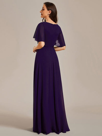 Ruffles Sleeve A-Line Chiffon Waist Applique Maxi Mother of the Bride Dress #color_Dark Purple
